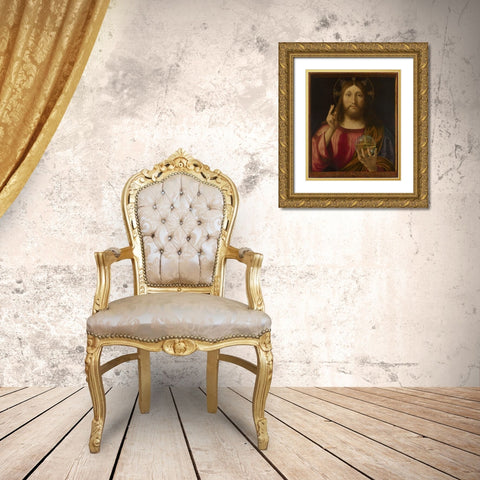 Salvator Mundi Gold Ornate Wood Framed Art Print with Double Matting by Previtali, Andrea
