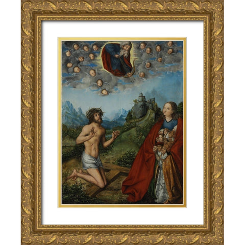 Christ and the Virgin Interceding for Humanity Gold Ornate Wood Framed Art Print with Double Matting by Cranach, Lucas the Elder