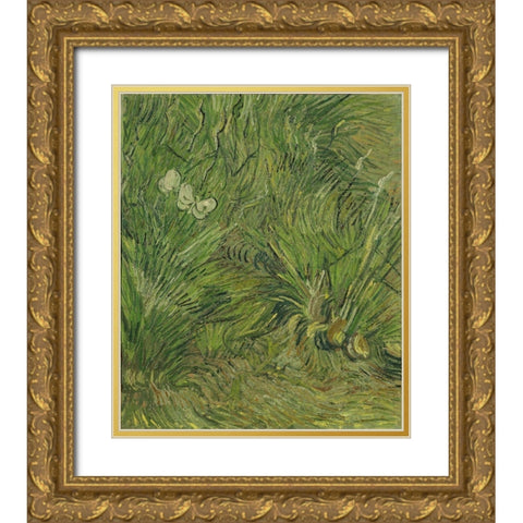 Garden with butterflies Gold Ornate Wood Framed Art Print with Double Matting by van Gogh, Vincent