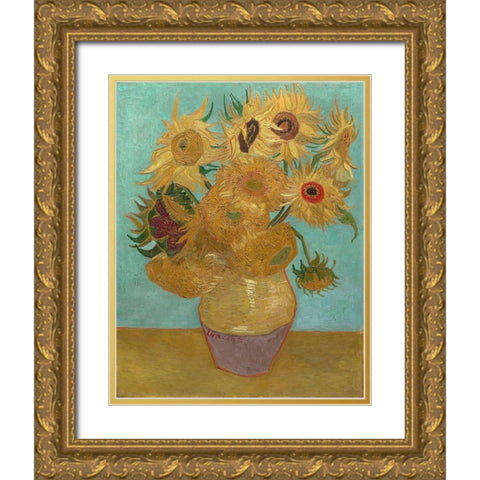 Vase with Twelve Sunflowers Gold Ornate Wood Framed Art Print with Double Matting by van Gogh, Vincent