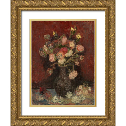 Vase with Chinese asters and gladioli Gold Ornate Wood Framed Art Print with Double Matting by van Gogh, Vincent