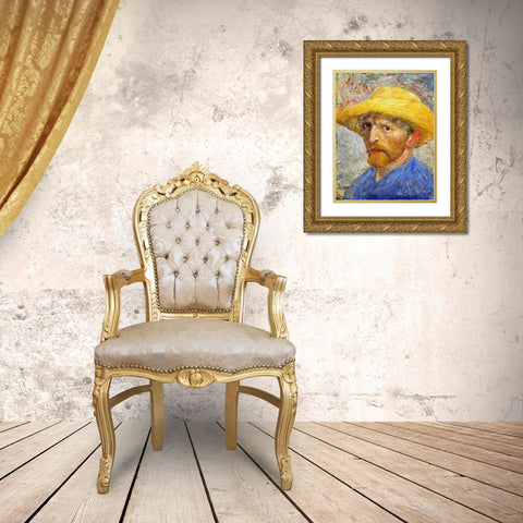 Self-portrait with Straw Hat Gold Ornate Wood Framed Art Print with Double Matting by van Gogh, Vincent