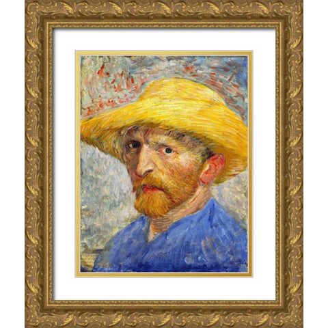 Self-portrait with Straw Hat Gold Ornate Wood Framed Art Print with Double Matting by van Gogh, Vincent