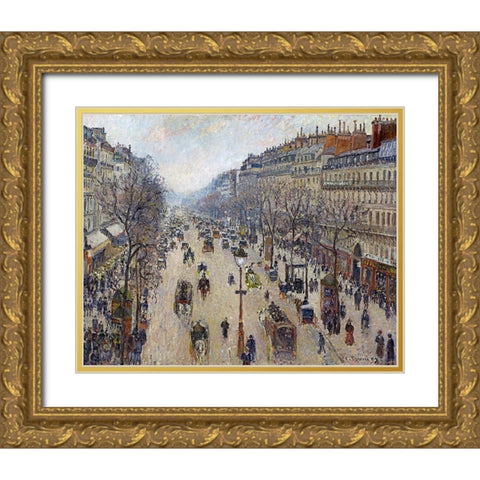 Boulevard Montmartre, Morning, Cloudy Weather Gold Ornate Wood Framed Art Print with Double Matting by Pissarro, Camille