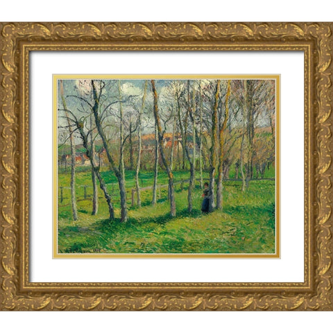 Prairie de Bazincourt Gold Ornate Wood Framed Art Print with Double Matting by Pissarro, Camille
