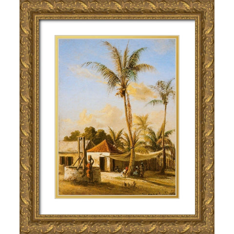 Figures Resting by a Village Well Gold Ornate Wood Framed Art Print with Double Matting by Pissarro, Camille