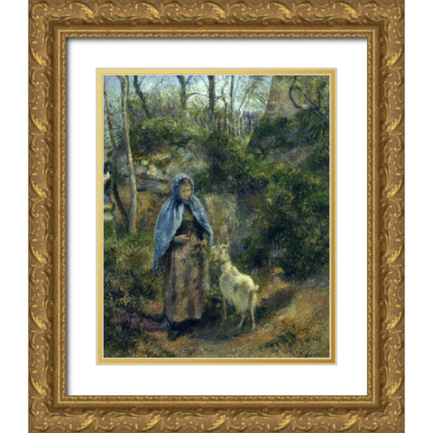 The Goat Girl Gold Ornate Wood Framed Art Print with Double Matting by Pissarro, Camille