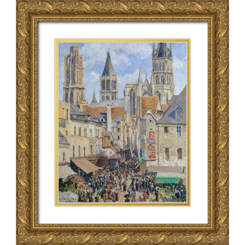 Rue de lEpicerie, Rouen Effect of Sunlight Gold Ornate Wood Framed Art Print with Double Matting by Pissarro, Camille