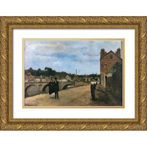 View of Pontoise Gold Ornate Wood Framed Art Print with Double Matting by Pissarro, Camille