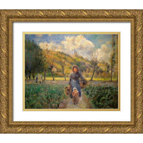In the Vegetable Garden Gold Ornate Wood Framed Art Print with Double Matting by Pissarro, Camille