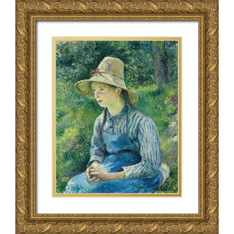 Peasant Girl with a Straw Hat Gold Ornate Wood Framed Art Print with Double Matting by Pissarro, Camille