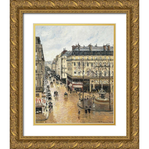 Rue Saint-Honore in the Afternoon. Effect of Rain Gold Ornate Wood Framed Art Print with Double Matting by Pissarro, Camille