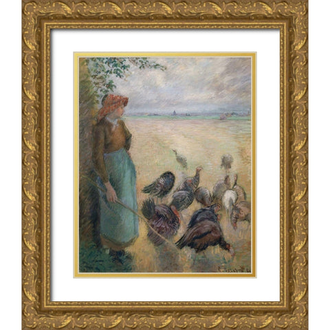 Turkey Girl Gold Ornate Wood Framed Art Print with Double Matting by Pissarro, Camille