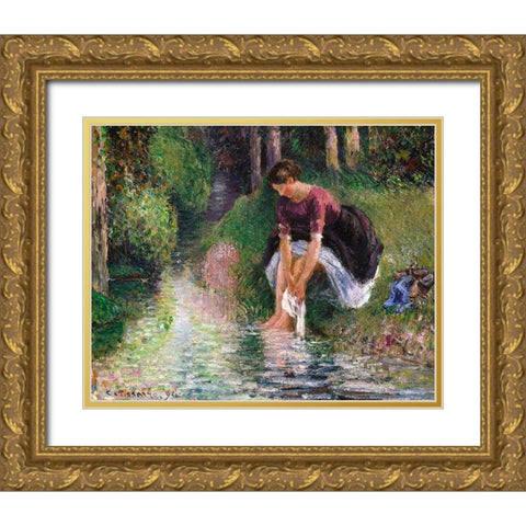 Woman Washing Her Feet in a Brook Gold Ornate Wood Framed Art Print with Double Matting by Pissarro, Camille