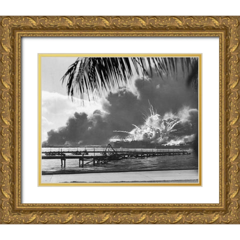 USS Shaw at Pearl Harbor 1941 Gold Ornate Wood Framed Art Print with Double Matting by U.S. Archives