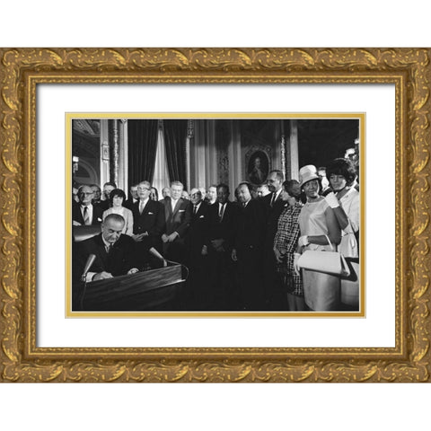 President Lyndon Johnson Signs the Voting Rights Act 1965 Gold Ornate Wood Framed Art Print with Double Matting by U.S. Archives
