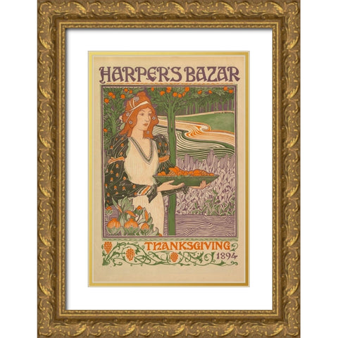 Thanksgiving 1894 Gold Ornate Wood Framed Art Print with Double Matting by Harper''s Bazar