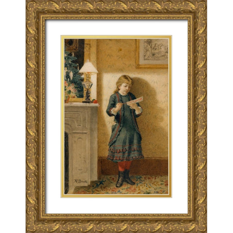 Child with Christmas Card Gold Ornate Wood Framed Art Print with Double Matting by Brooks, Alden Finney
