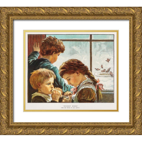 Hungry Birds Gold Ornate Wood Framed Art Print with Double Matting by Christmas Number of The Graphic