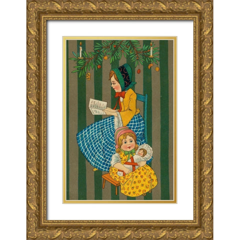 Christmas postcard with two seated girls Gold Ornate Wood Framed Art Print with Double Matting by Missouri History Museum