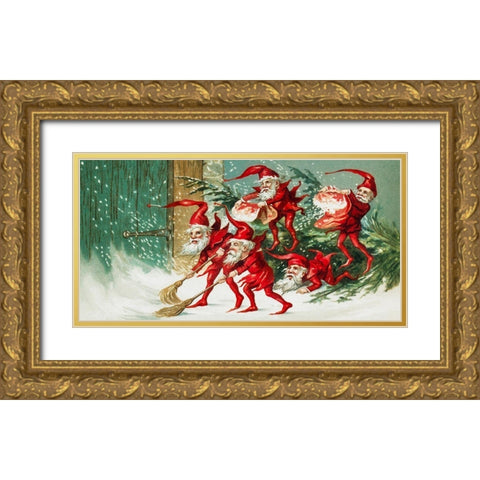 Santa elves sweeping snow  Gold Ornate Wood Framed Art Print with Double Matting by Wallach, Miriam and Ira D