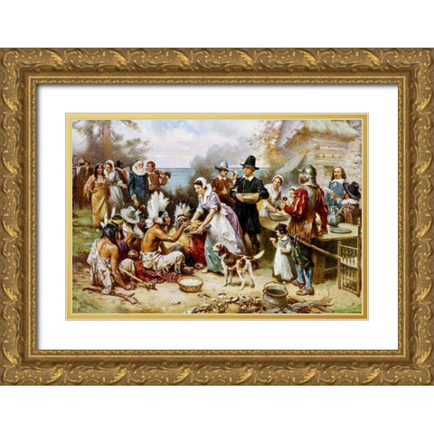 The First Thanksgiving, 1621 Gold Ornate Wood Framed Art Print with Double Matting by Ferris, Jean Leon Gerome