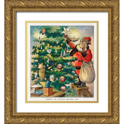 Trimming the Filipinos Christmas Tree Gold Ornate Wood Framed Art Print with Double Matting by J. Ottman Lithographic Company