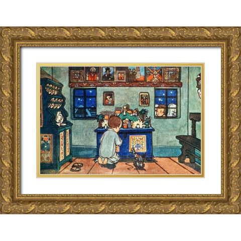 Boy Playing with Christmas Toys Gold Ornate Wood Framed Art Print with Double Matting by Guth, Zdenek