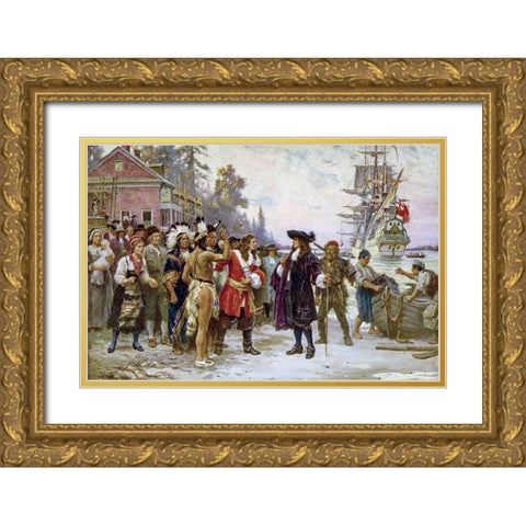 The Landing of William Penn Gold Ornate Wood Framed Art Print with Double Matting by Ferris, Jean Leon Gerome