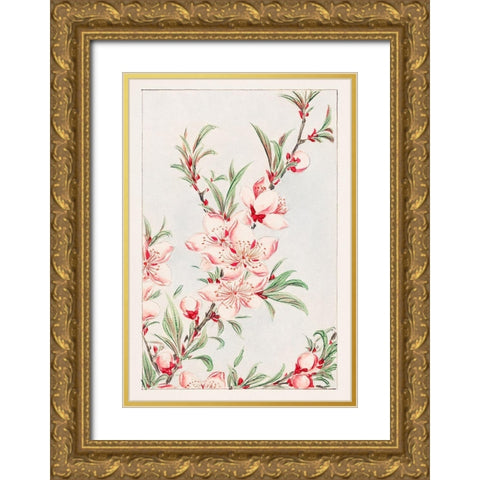 Peach tree branches with leaves and blossoms Gold Ornate Wood Framed Art Print with Double Matting by Morikaga, Megata