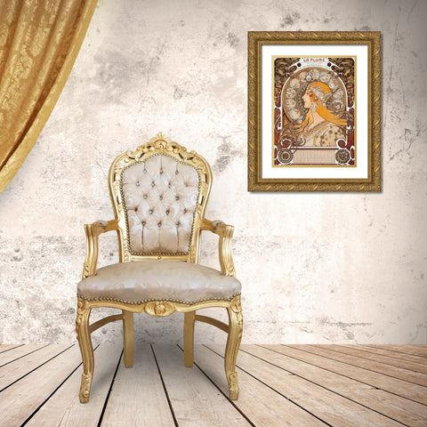 Zodiaque or La Plume Gold Ornate Wood Framed Art Print with Double Matting by Mucha, Alphonse