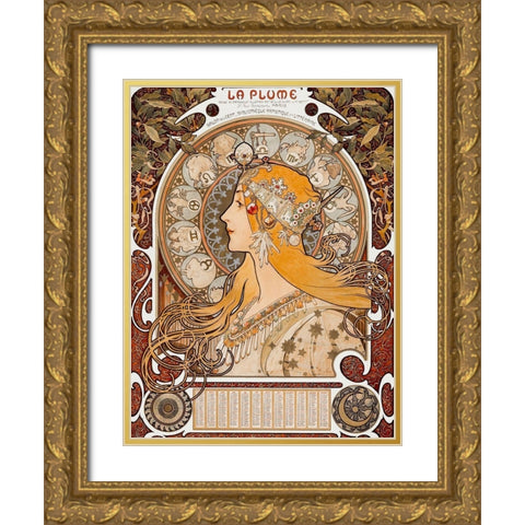 Zodiaque or La Plume Gold Ornate Wood Framed Art Print with Double Matting by Mucha, Alphonse