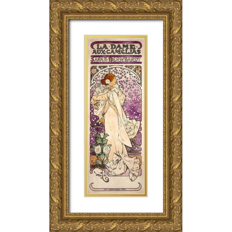 La dame-aux camelias-Sarah Bernhardt Gold Ornate Wood Framed Art Print with Double Matting by Mucha, Alphonse