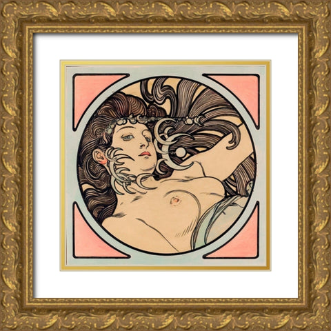 Stained glass window for the facade of the Fouquet boutique Gold Ornate Wood Framed Art Print with Double Matting by Mucha, Alphonse