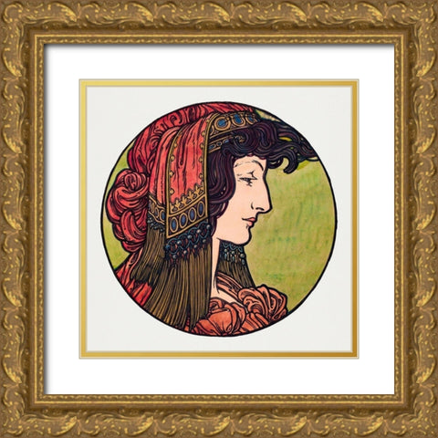 Stained glass window for the facade of the Fouquet boutique Gold Ornate Wood Framed Art Print with Double Matting by Mucha, Alphonse