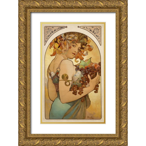 Fruit Gold Ornate Wood Framed Art Print with Double Matting by Mucha, Alphonse