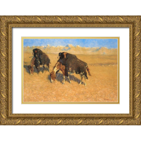 Indians Simulating Buffalo Gold Ornate Wood Framed Art Print with Double Matting by Remington, Frederic