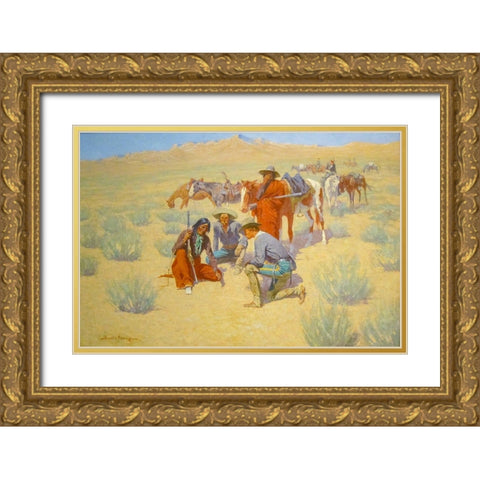 A Map in the Sand Gold Ornate Wood Framed Art Print with Double Matting by Remington, Frederic