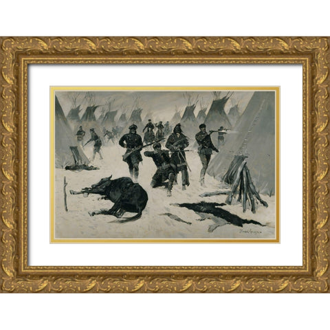 The Defeat of Crazy Horse Gold Ornate Wood Framed Art Print with Double Matting by Remington, Frederic