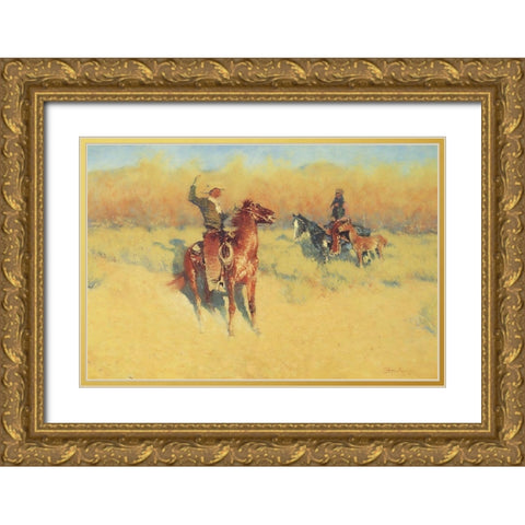 The Long-Horn Cattle Sign-1908 Gold Ornate Wood Framed Art Print with Double Matting by Remington, Frederic