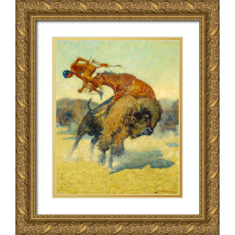 An Episode of the Buffalo Hunt Gold Ornate Wood Framed Art Print with Double Matting by Remington, Frederic