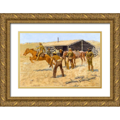 The coming and going of the pony express Gold Ornate Wood Framed Art Print with Double Matting by Remington, Frederic