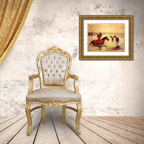In Retreat Across a Stream Gold Ornate Wood Framed Art Print with Double Matting by Shreyvogel, Charles