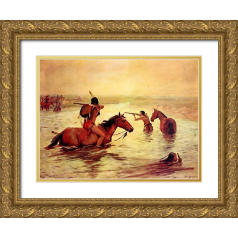 In Retreat Across a Stream Gold Ornate Wood Framed Art Print with Double Matting by Shreyvogel, Charles