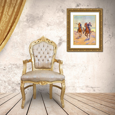 Troopers in Pursuit Gold Ornate Wood Framed Art Print with Double Matting by Shreyvogel, Charles
