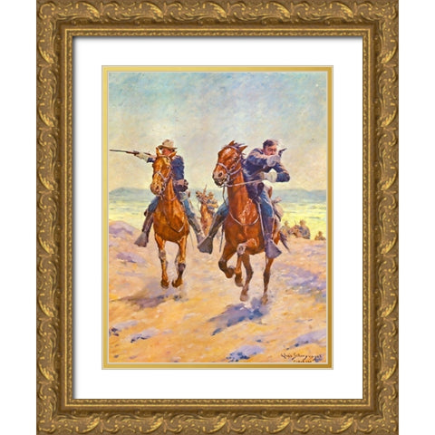 Troopers in Pursuit Gold Ornate Wood Framed Art Print with Double Matting by Shreyvogel, Charles