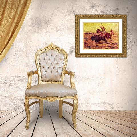 Doomed - Indian Hunting Buffalo Gold Ornate Wood Framed Art Print with Double Matting by Shreyvogel, Charles