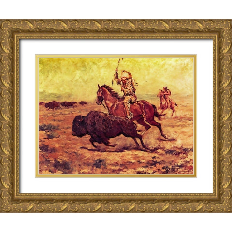 Doomed - Indian Hunting Buffalo Gold Ornate Wood Framed Art Print with Double Matting by Shreyvogel, Charles