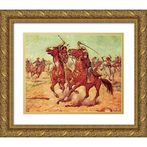 The Duel - Tomahawk and Sabre Gold Ornate Wood Framed Art Print with Double Matting by Shreyvogel, Charles