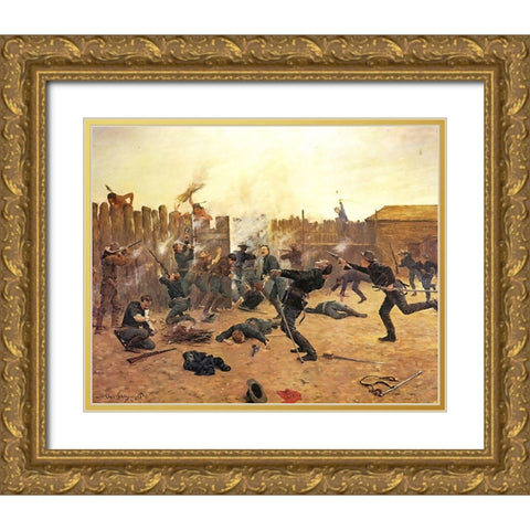 Defending the Stockade Gold Ornate Wood Framed Art Print with Double Matting by Shreyvogel, Charles